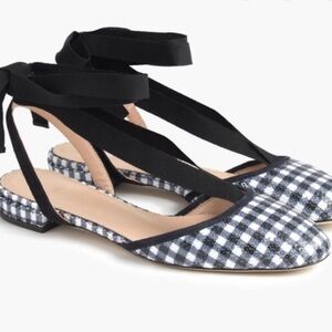 J.Crew Black & White Gingham Sequin Ankle-Wrap Flats Women’s Size 11